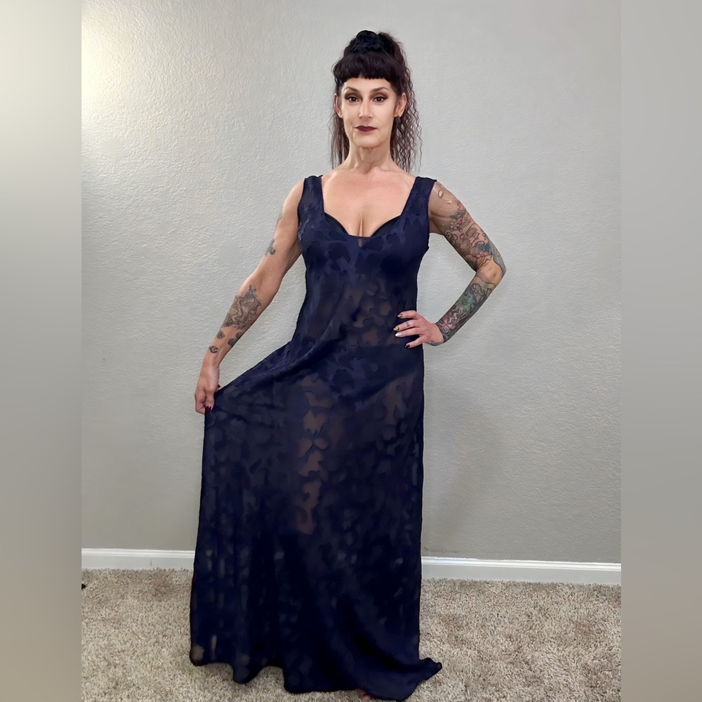 90s Victoria Secret Mina Dark Purple Sheer Maxi Nightgown Slip Dress Lingerie M